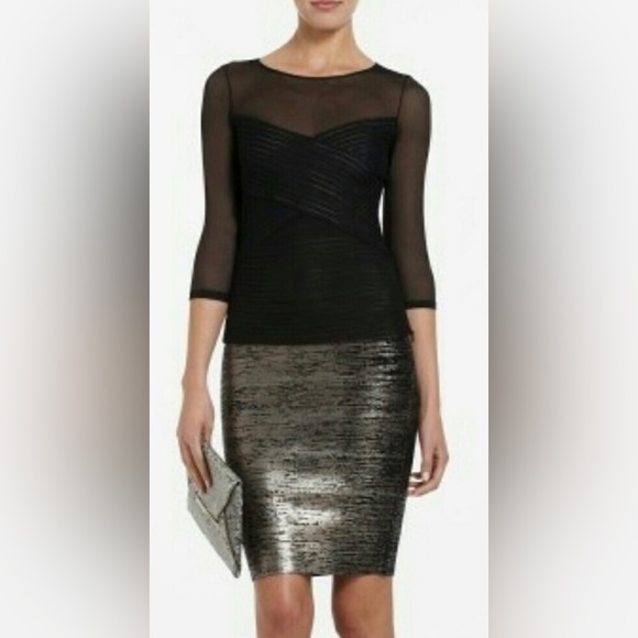 BCBGMaxAzria 3/4 Sleeve Black Mesh Amora Illusion Structured Pleated Top - Picture 5 of 6